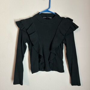 Veronica Beard Women's Dawson Top Ribbed Mock Neck Ruffle Cotton Long Sleeve XS